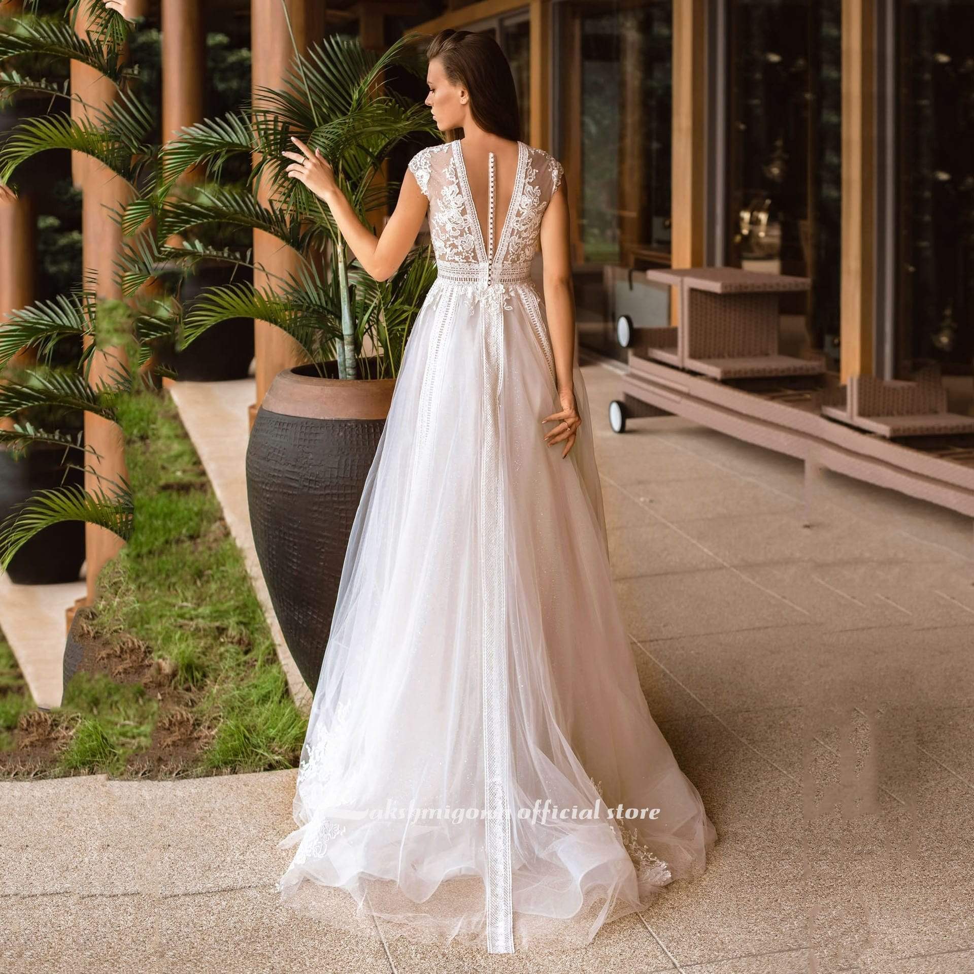 V Neck Wedding Dresses A Line Cap Sleeve - ROYCEBRIDAL OFFICIAL STORE