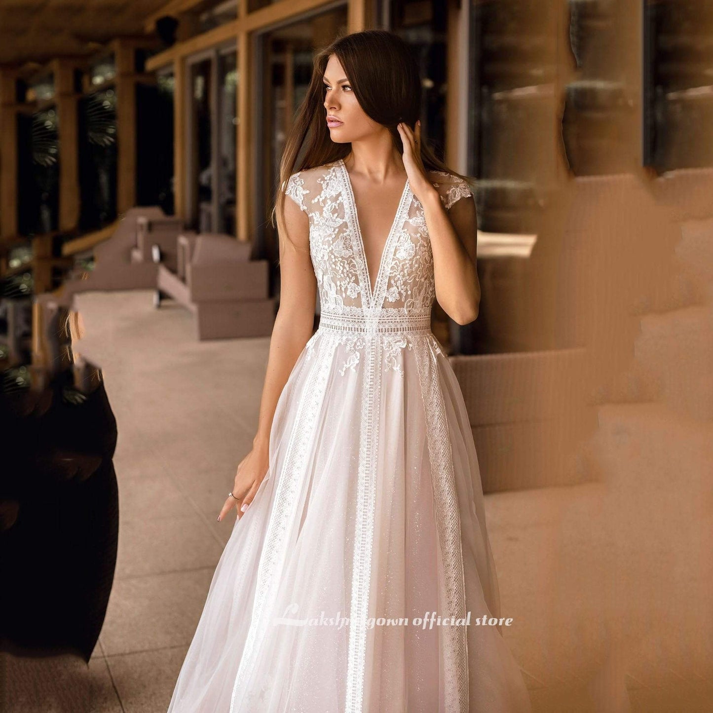 V Neck Wedding Dresses A Line Cap Sleeve - ROYCEBRIDAL OFFICIAL STORE