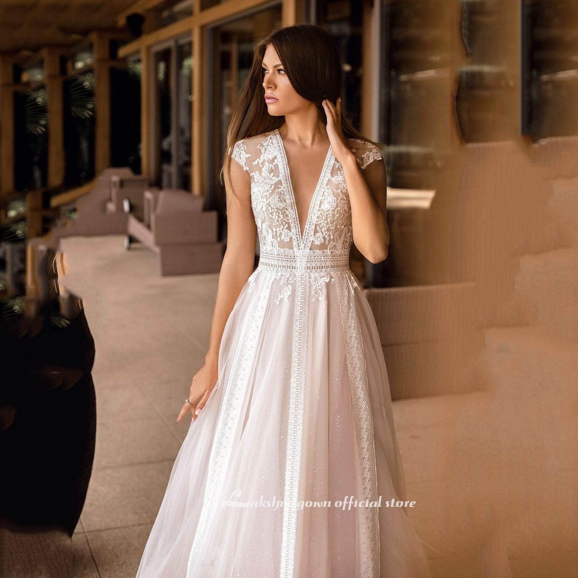 V Neck Wedding Dresses A Line Cap Sleeve - ROYCEBRIDAL OFFICIAL STORE