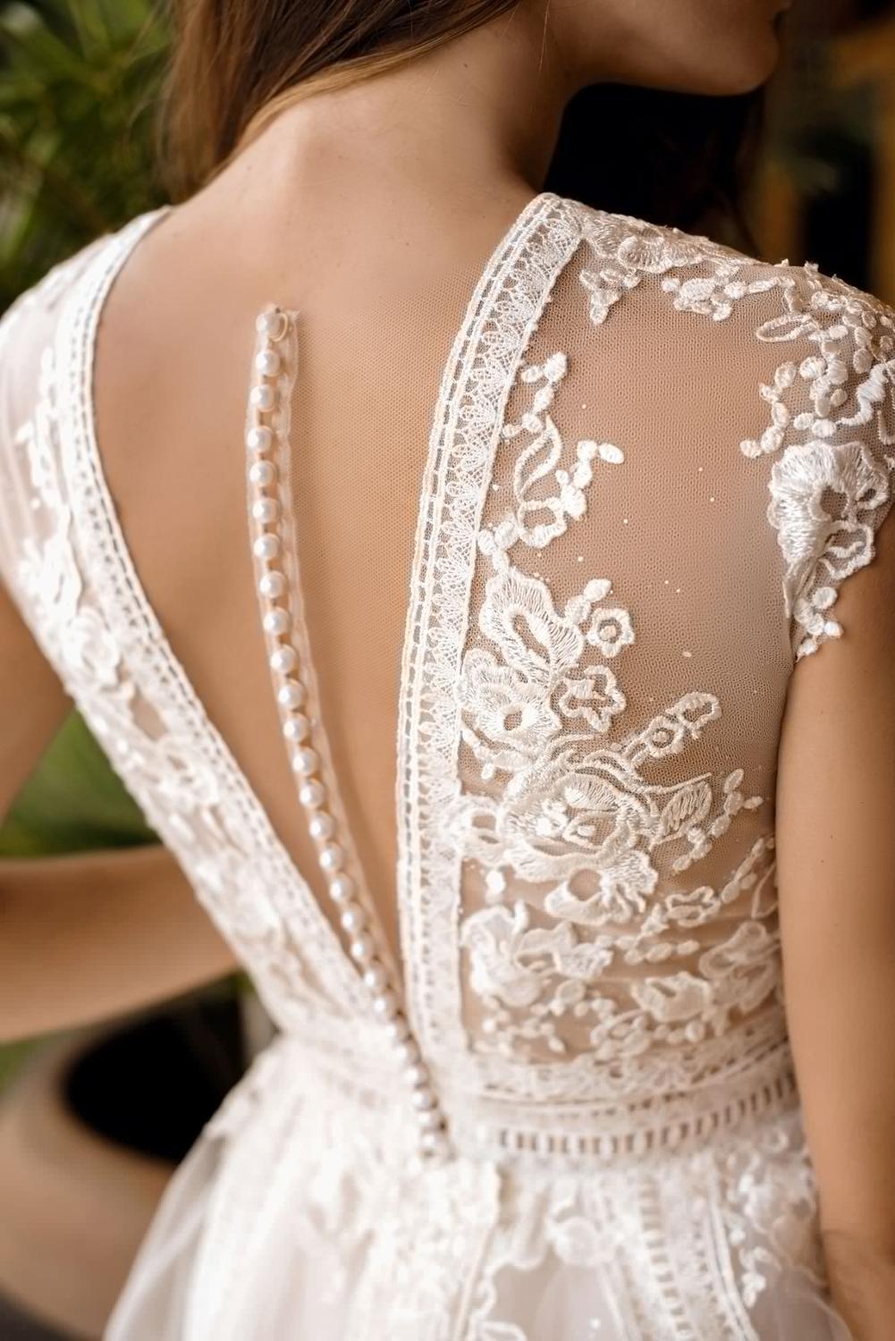 V Neck Wedding Dresses A Line Cap Sleeve - ROYCEBRIDAL OFFICIAL STORE