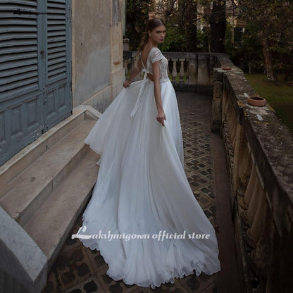 V Neck Wedding Dresses A Line Cap Sleeve Bride Dresses - ROYCEBRIDAL OFFICIAL STORE