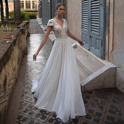 V Neck Wedding Dresses A Line Cap Sleeve Bride Dresses - ROYCEBRIDAL OFFICIAL STORE