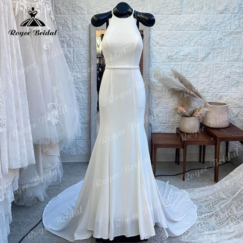vestido Simple Boho Wedding Dress Halter Open Back Mermaid/Trumpet Sweep Train Robe Mariage Civil Boho Women Lace Bridal Gowns