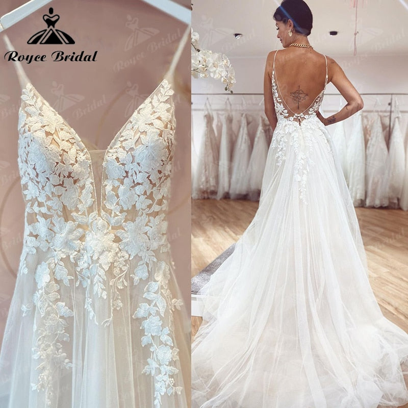 vestido de novia Boho Vintage Fairy Wedding Dress Lace Applqiues Spaghetti Straps V Neck Bridal Gowns Tulle A Line trouwjurk