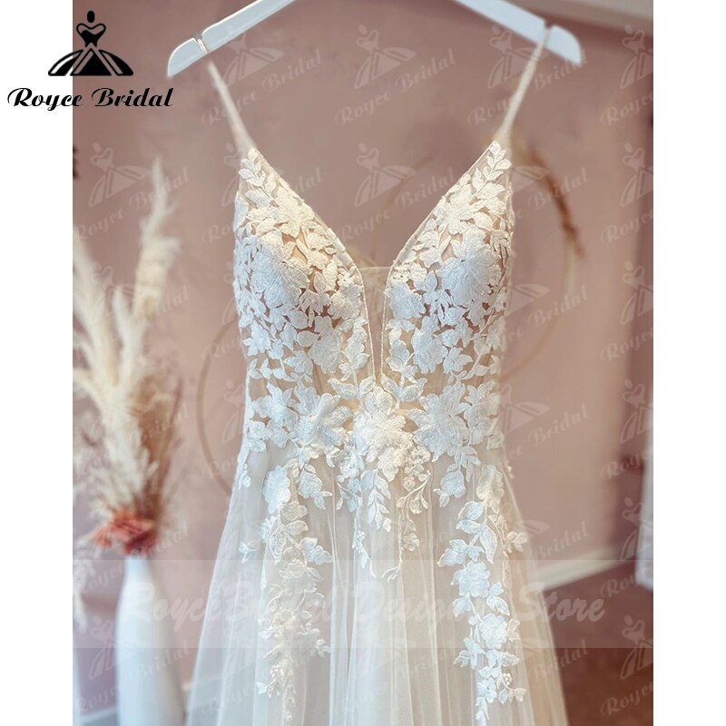 vestido de novia Boho Vintage Fairy Wedding Dress Lace Applqiues Spaghetti Straps V Neck Bridal Gowns Tulle A Line trouwjurk