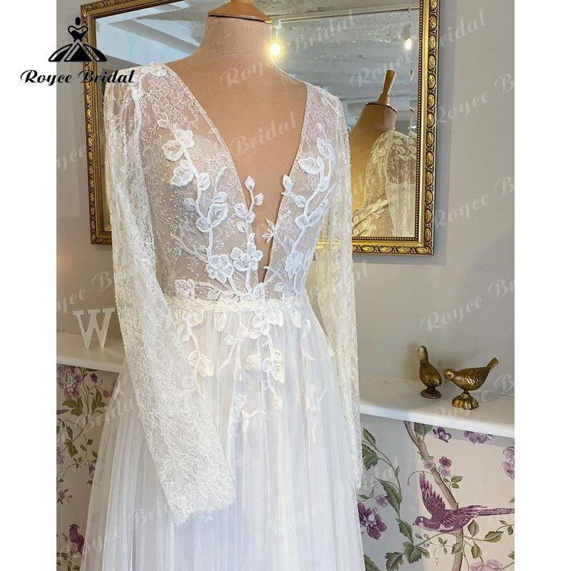 vestidos Beach A Line Wedding Dress with Deep V Neck Long Sleeve Lace Applique Tulle Sweep Train robe de réception de mariage