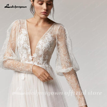 Vintage Deep V Champagne Wedding Dress A Line long sleeves - ROYCEBRIDAL OFFICIAL STORE