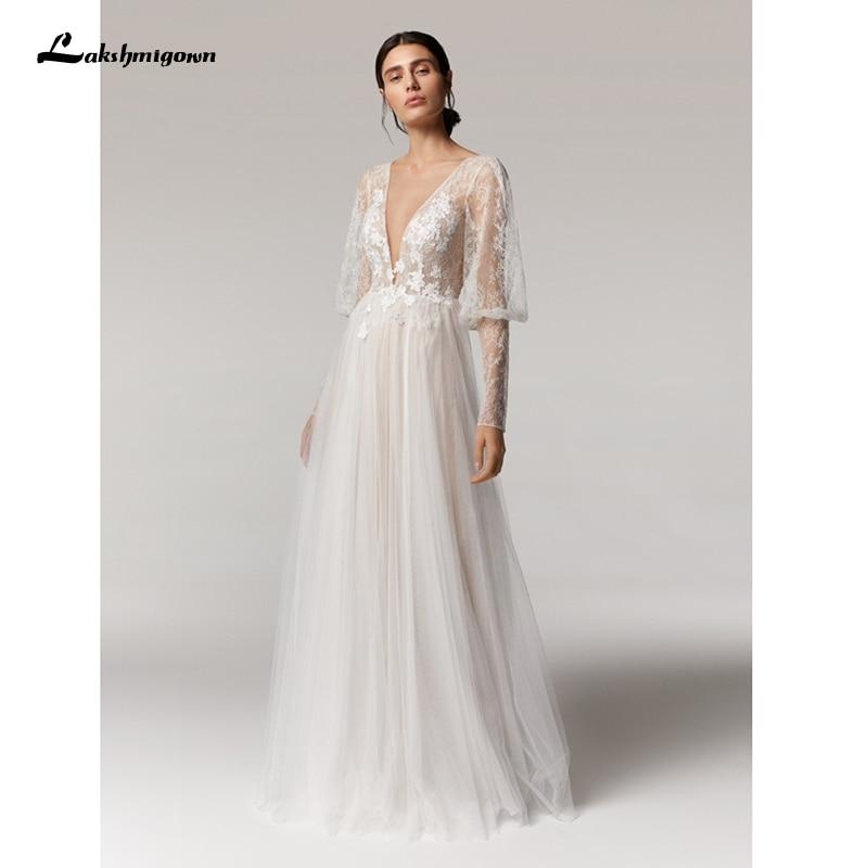 Vintage Deep V Champagne Wedding Dress A Line long sleeves - ROYCEBRIDAL OFFICIAL STORE