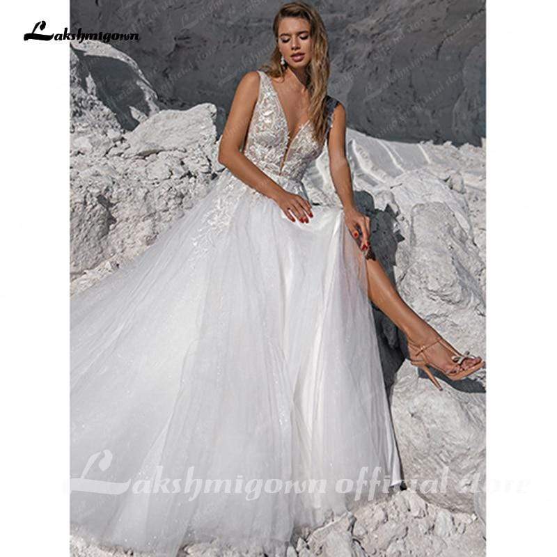 Vintage Glitter Sequin Beach Wedding Dress - ROYCEBRIDAL OFFICIAL STORE