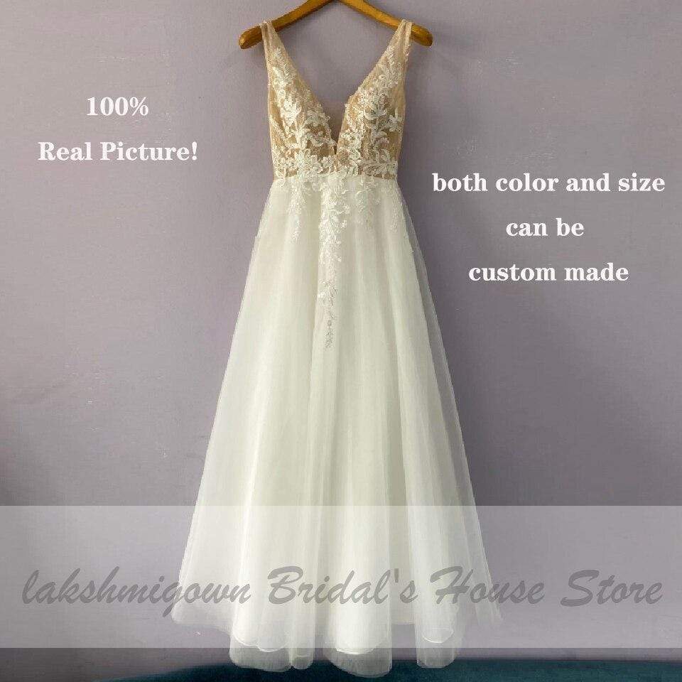 Vintage Lace Boho Wedding Dress Deep V-neck Champagne Bridal