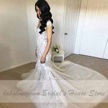 Vintage Lace Bridal Mermaid Dress Elegant Long Train Wedding Dresses - ROYCEBRIDAL OFFICIAL STORE