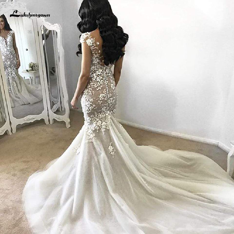 Vintage Lace Bridal Mermaid Dress Elegant Long Train Wedding Dresses - ROYCEBRIDAL OFFICIAL STORE
