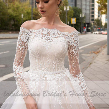 Vintage Lace Bride Dress Off Shoulder Princess Wedding Gowns - ROYCEBRIDAL OFFICIAL STORE