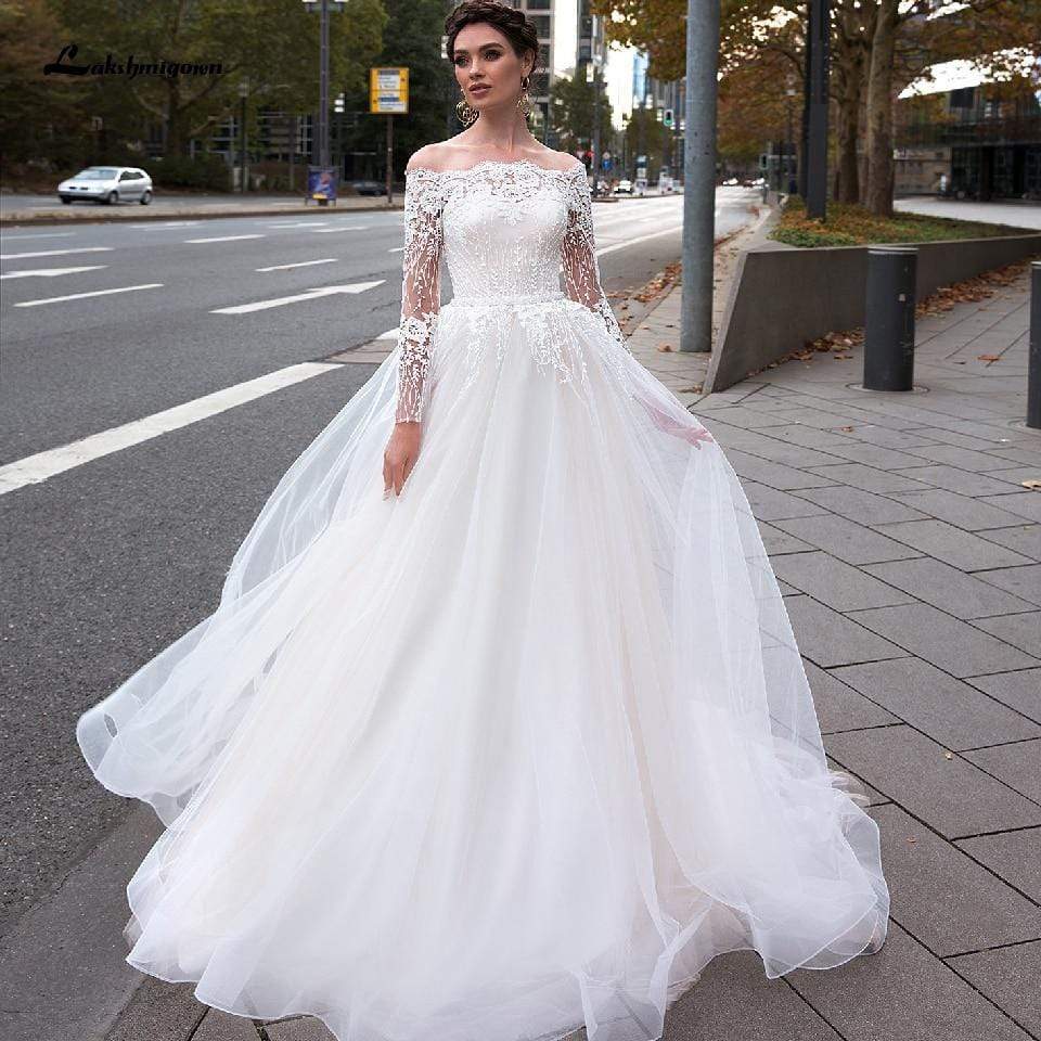 Vintage Lace Bride Dress Off Shoulder Princess Wedding Gowns - ROYCEBRIDAL OFFICIAL STORE