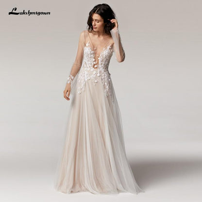Vintage Lace Long Sleeve Bridal Dress Sexy Appliques - ROYCEBRIDAL OFFICIAL STORE