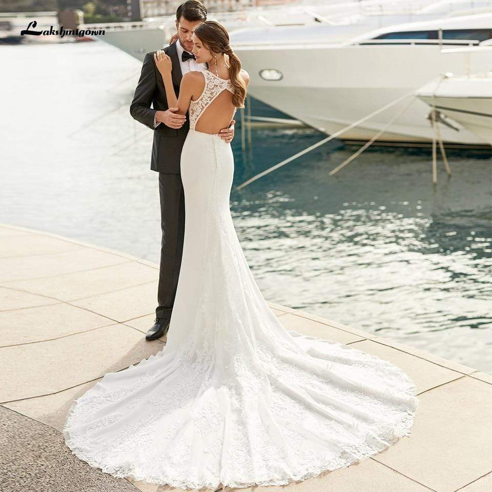 Vintage Mermaid Satin Wedding Gowns V-neck Open Back - ROYCEBRIDAL OFFICIAL STORE