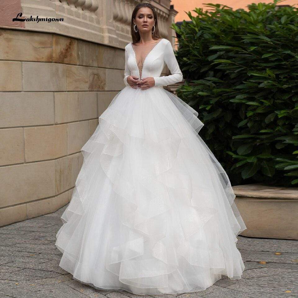 Vintage Ruffles Wedding Dress Long Sleeve - ROYCEBRIDAL OFFICIAL STORE