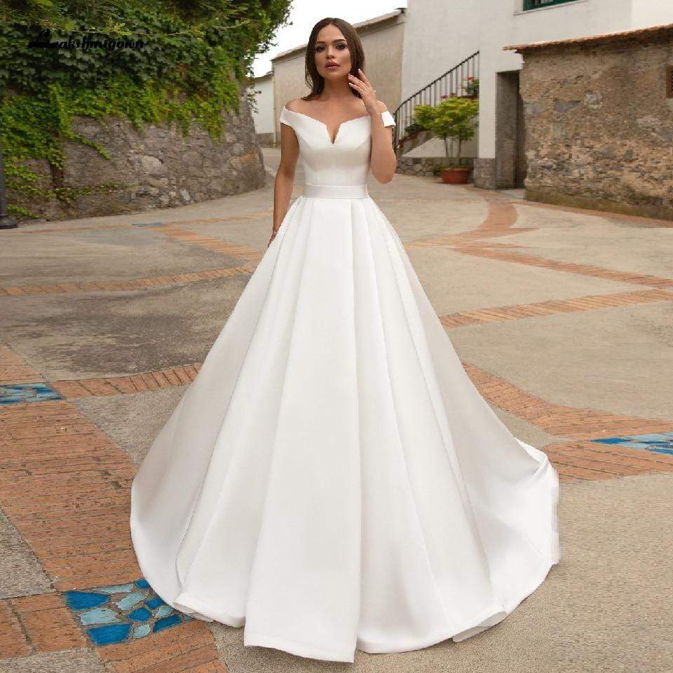 Vintage Satin Dress Country Wedding Gowns with Pockets - ROYCEBRIDAL OFFICIAL STORE