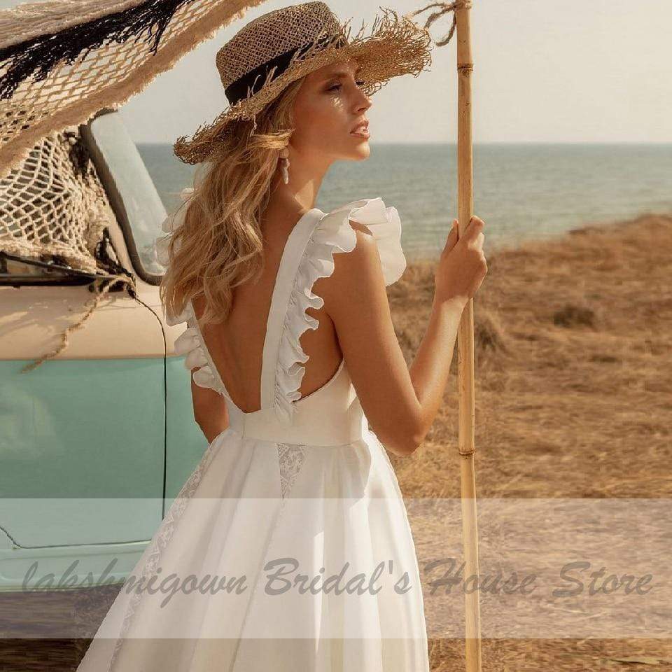 Vintage Satin Wedding Dress Tea Length Summer Beach - ROYCEBRIDAL OFFICIAL STORE