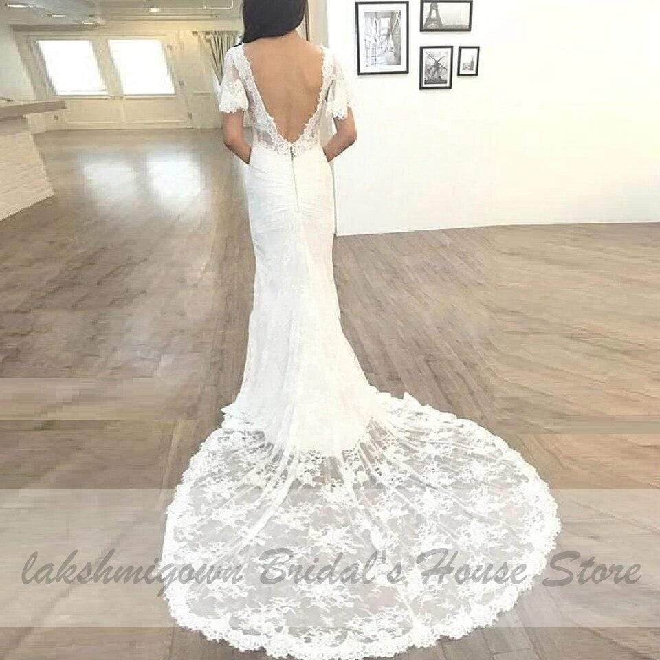 Vintage Short Sleeves Lace Wedding Dress Mermaid Style