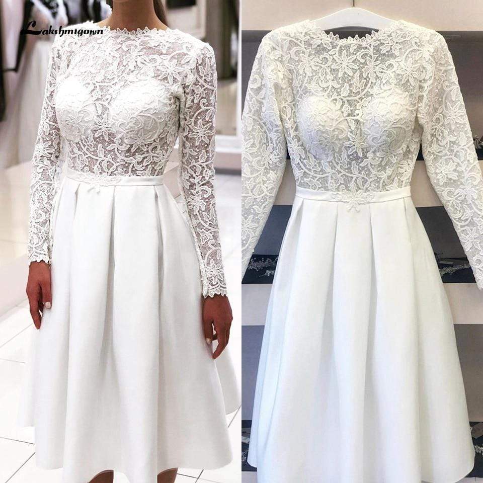 Vintage Wedding Dress Short Elegant Lace Appliques Long Sleeve - ROYCEBRIDAL OFFICIAL STORE