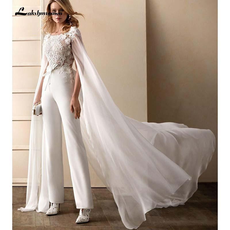 Wedding Dress Jumpsuits With Wrap Floral Appliqued Short Sleeves