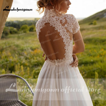 Wedding Dress Lace Tulle High Neck Cap Sleeves A Line - ROYCEBRIDAL OFFICIAL STORE