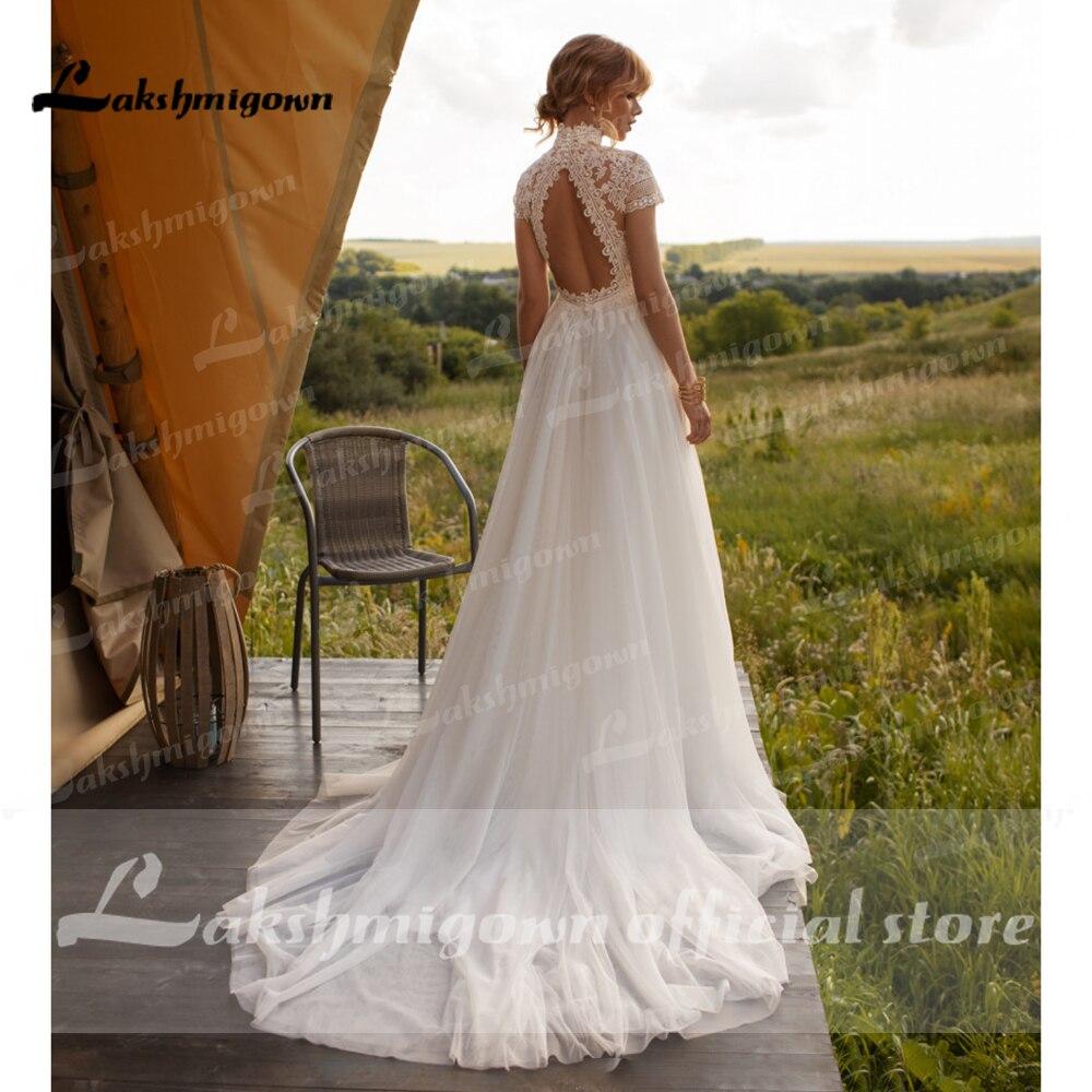 Wedding Dress Lace Tulle High Neck Cap Sleeves A Line - ROYCEBRIDAL OFFICIAL STORE