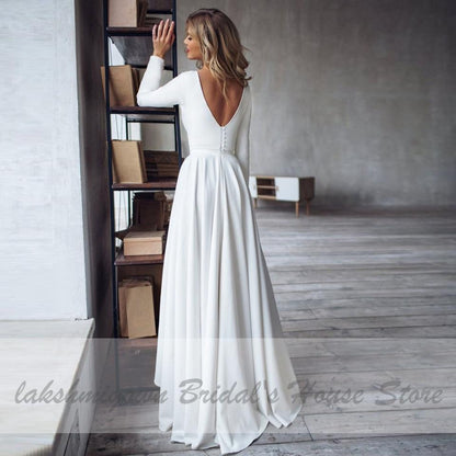 Wedding Dress Satin V-Back Sexy High Low Bridal A-line - ROYCEBRIDAL OFFICIAL STORE