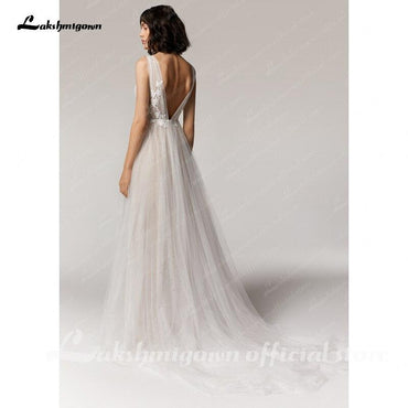 Wedding Dress V-Neck Lace Appliques Princess Tulle - ROYCEBRIDAL OFFICIAL STORE