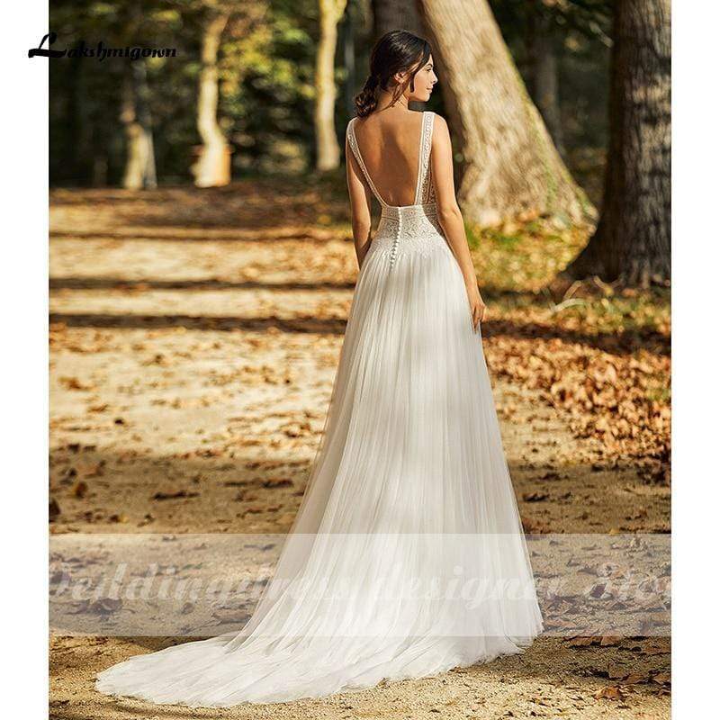 Wedding Dresses Open Back Lace Tulle Bridal Gown Scoop Neck