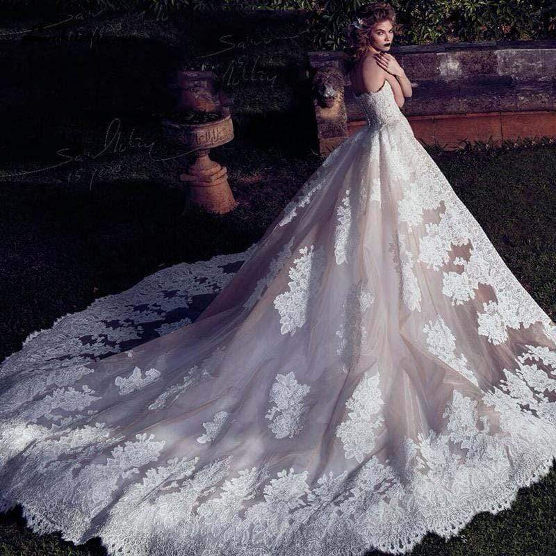 Wedding Dresses With Detachable Train  Backless Lace Applique Bridal Gowns