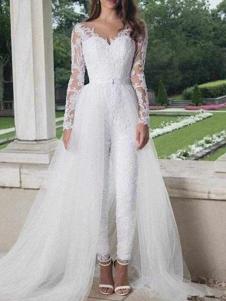 Wedding Jumpsuit 2021 Bohemian Vintage Lace Appliques - ROYCEBRIDAL OFFICIAL STORE