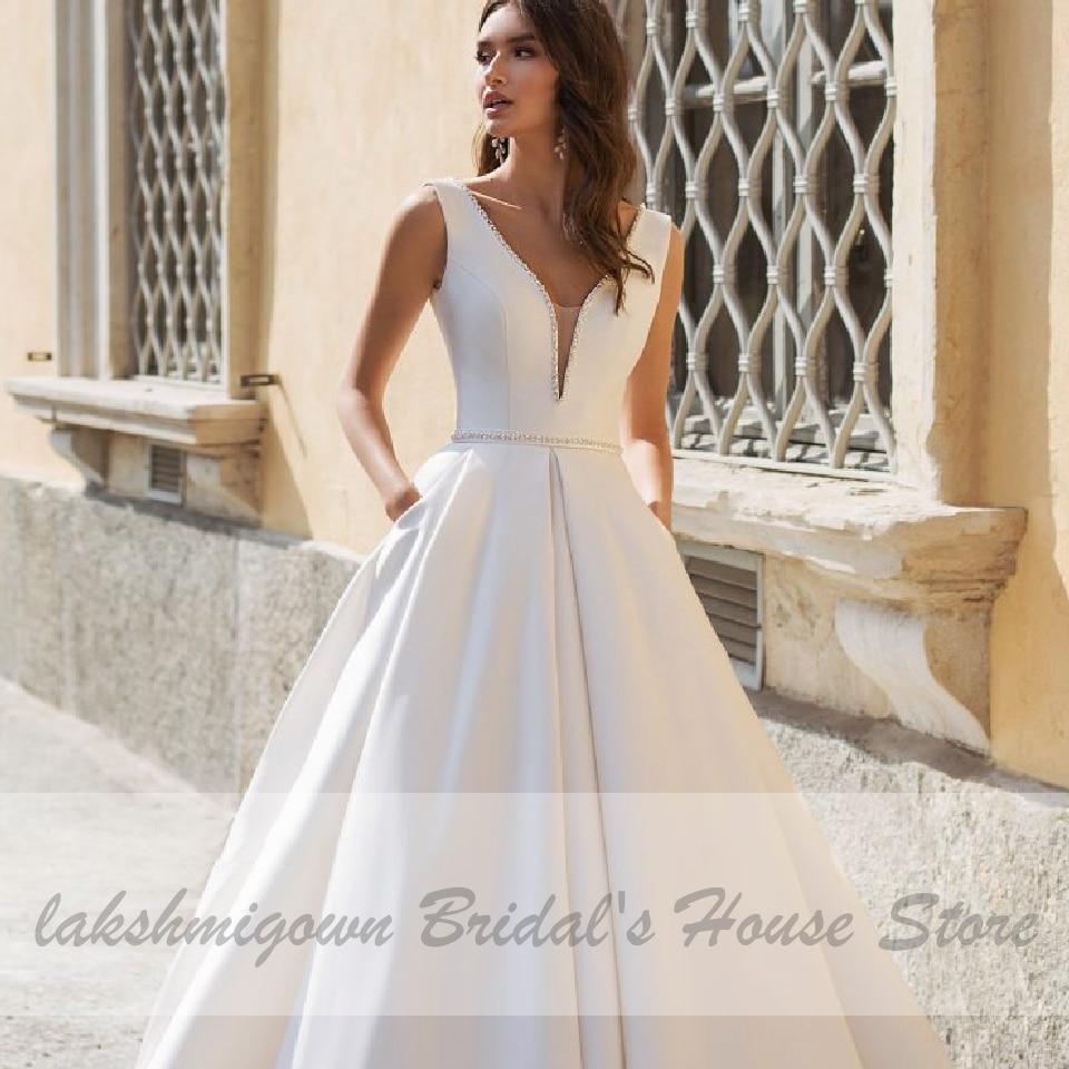 White Dress Elegant A Line Bridal Dress V Neck Satin