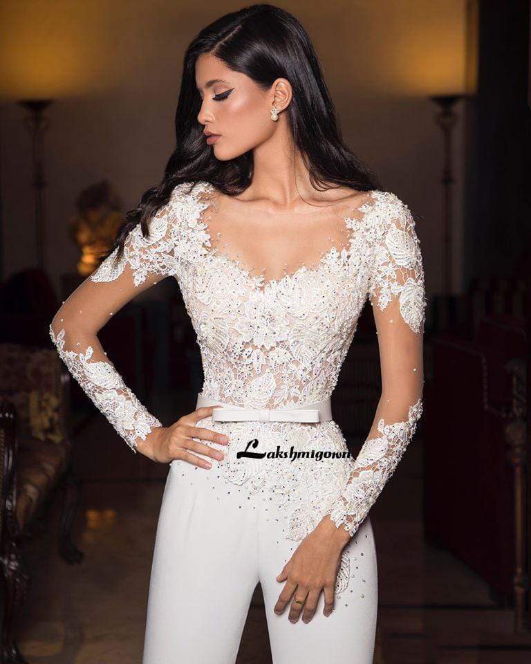 White Ivory Wedding Dresses Jumpsuits Lace Appliques Wedding Dress