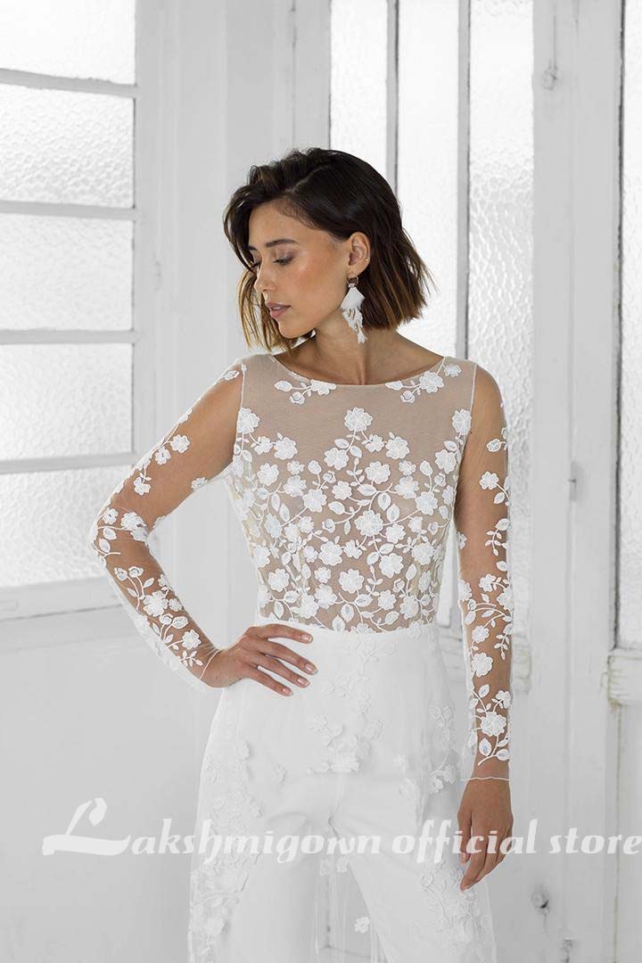 White Jumpsuit Beach Wedding Dresses Long Sleeve - ROYCEBRIDAL OFFICIAL STORE