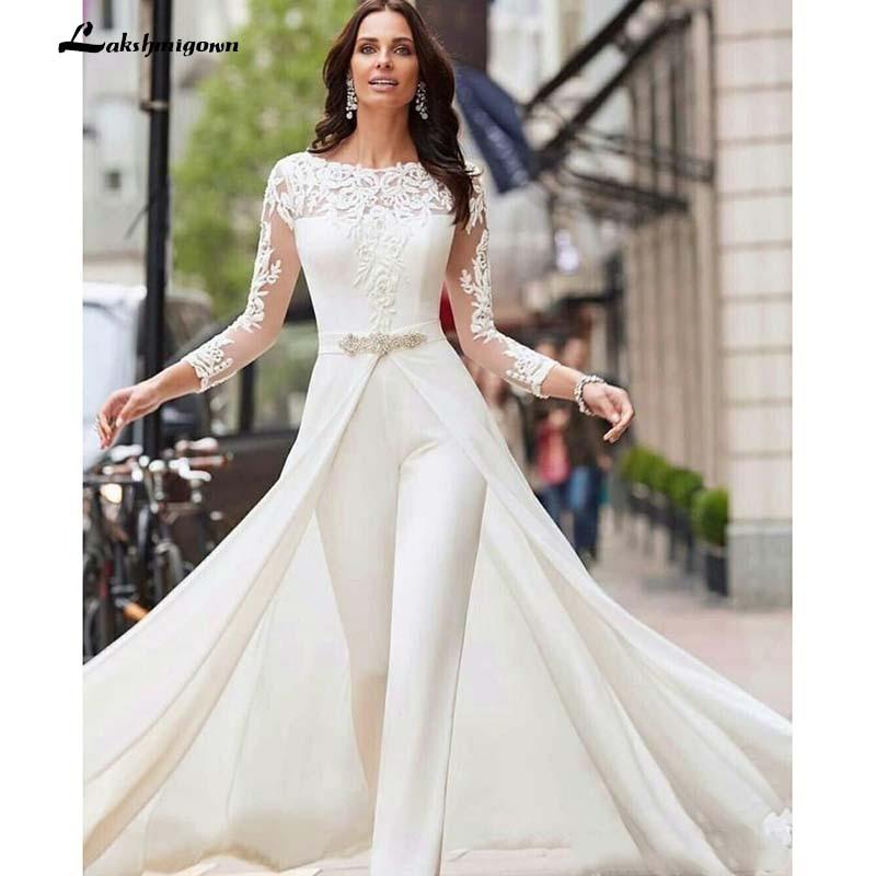 White Jumpsuits Pants Long Sleeve Wedding Dresses Lace Satin