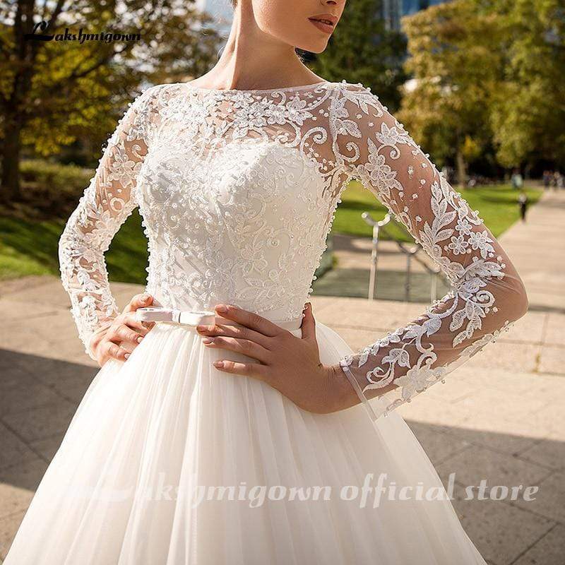 White Long Sleeves Ivory Wedding Dresses - ROYCEBRIDAL OFFICIAL STORE