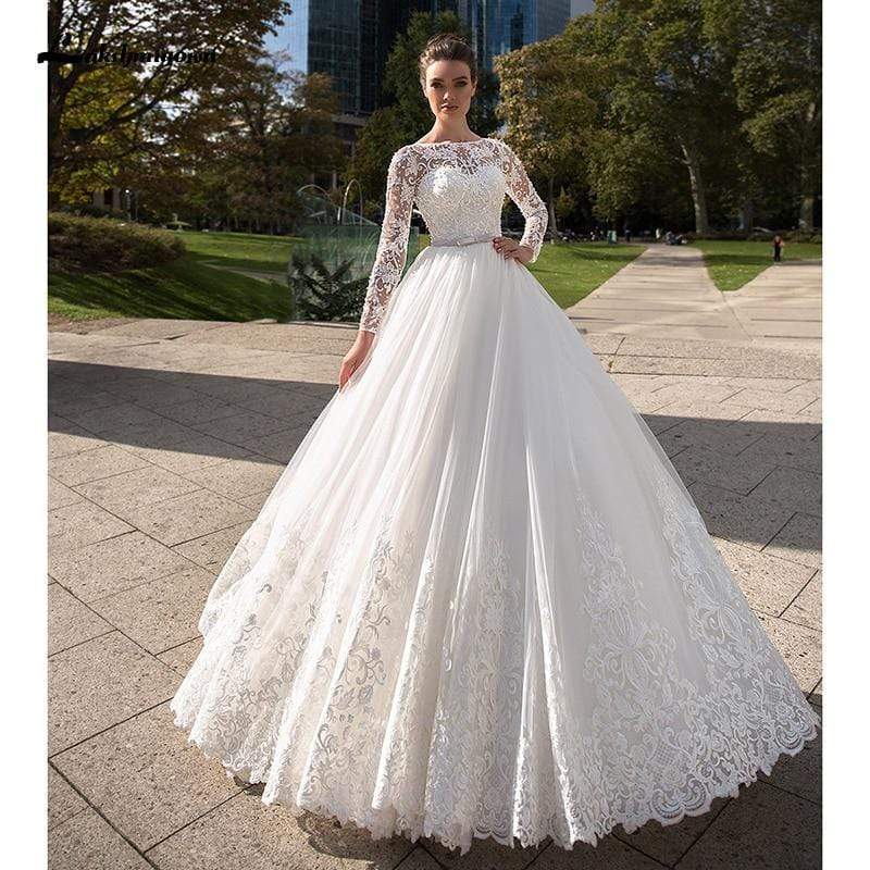 White Long Sleeves Ivory Wedding Dresses - ROYCEBRIDAL OFFICIAL STORE