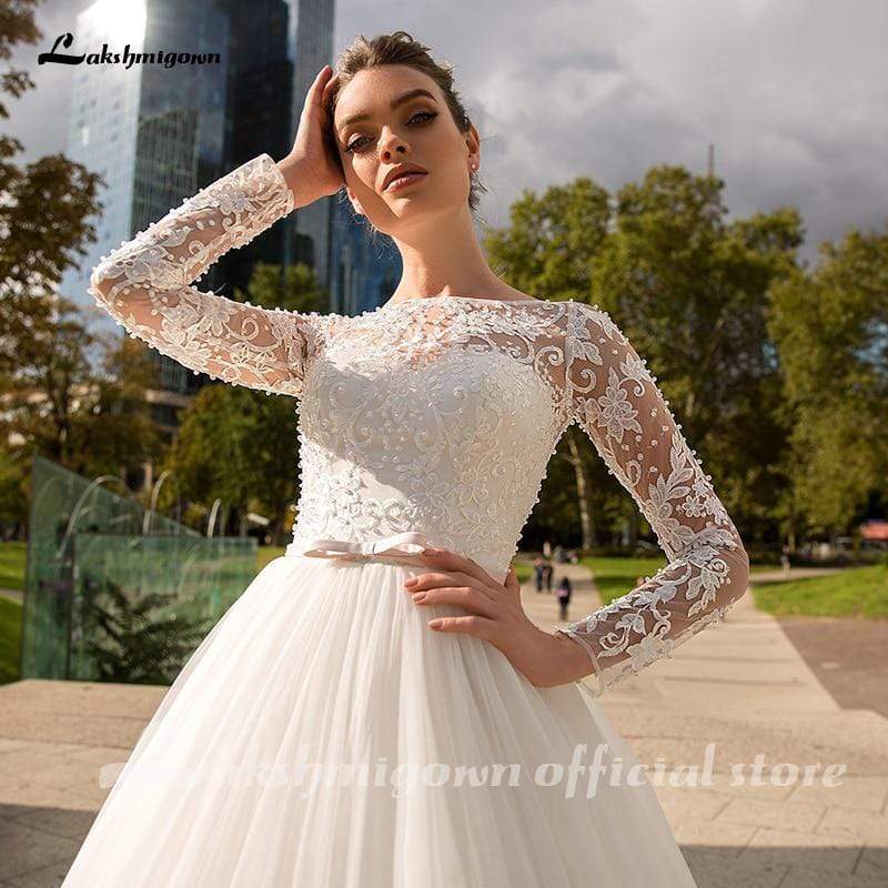 White Long Sleeves Ivory Wedding Dresses - ROYCEBRIDAL OFFICIAL STORE