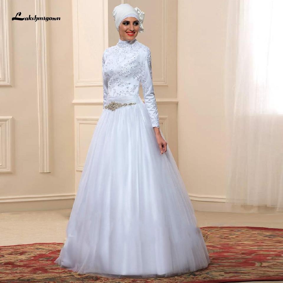 White Muslim High Neck Wedding Dress Satin Long Sleeve